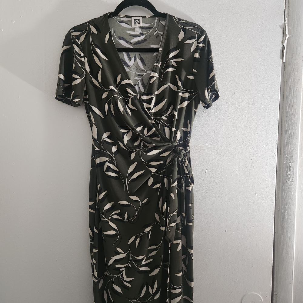 Anne Klein Olive Leaf Print Midi Dress
